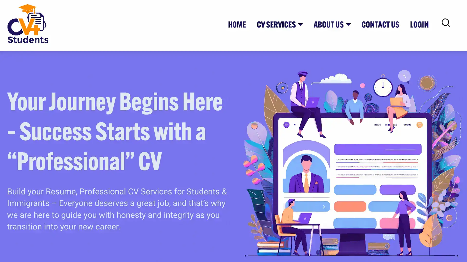Click to explore CV4Students - comprehensive career support for international students CV4Students website homepage showcasing resume writing and career services for students and immigrants in New Zealand